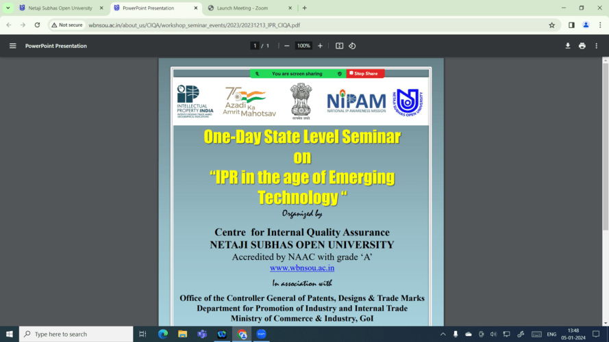 One-Day State Level Seminar on 'IPR in the age of Emerging Technology' on 05.01.2024.